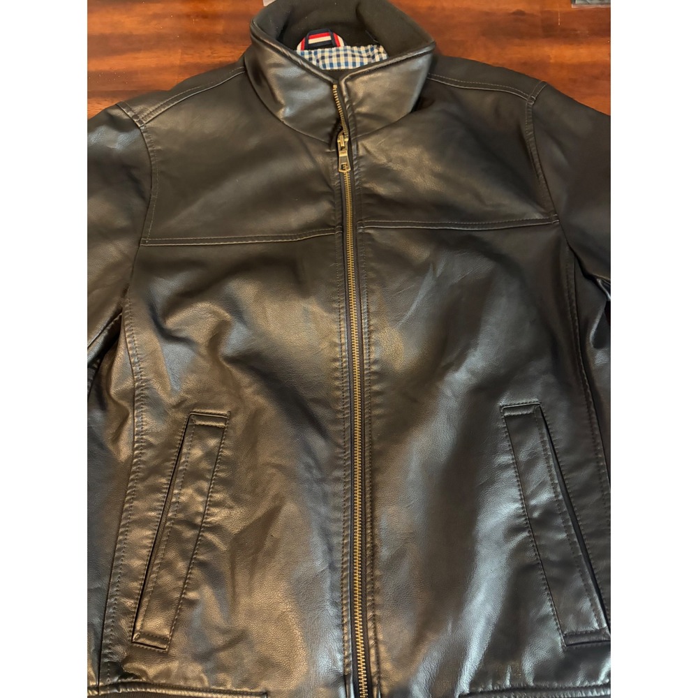 Tommy Hilfiger Mens Faux Leather Bomber Jacket Brown XS Gingham Lining Zip Up